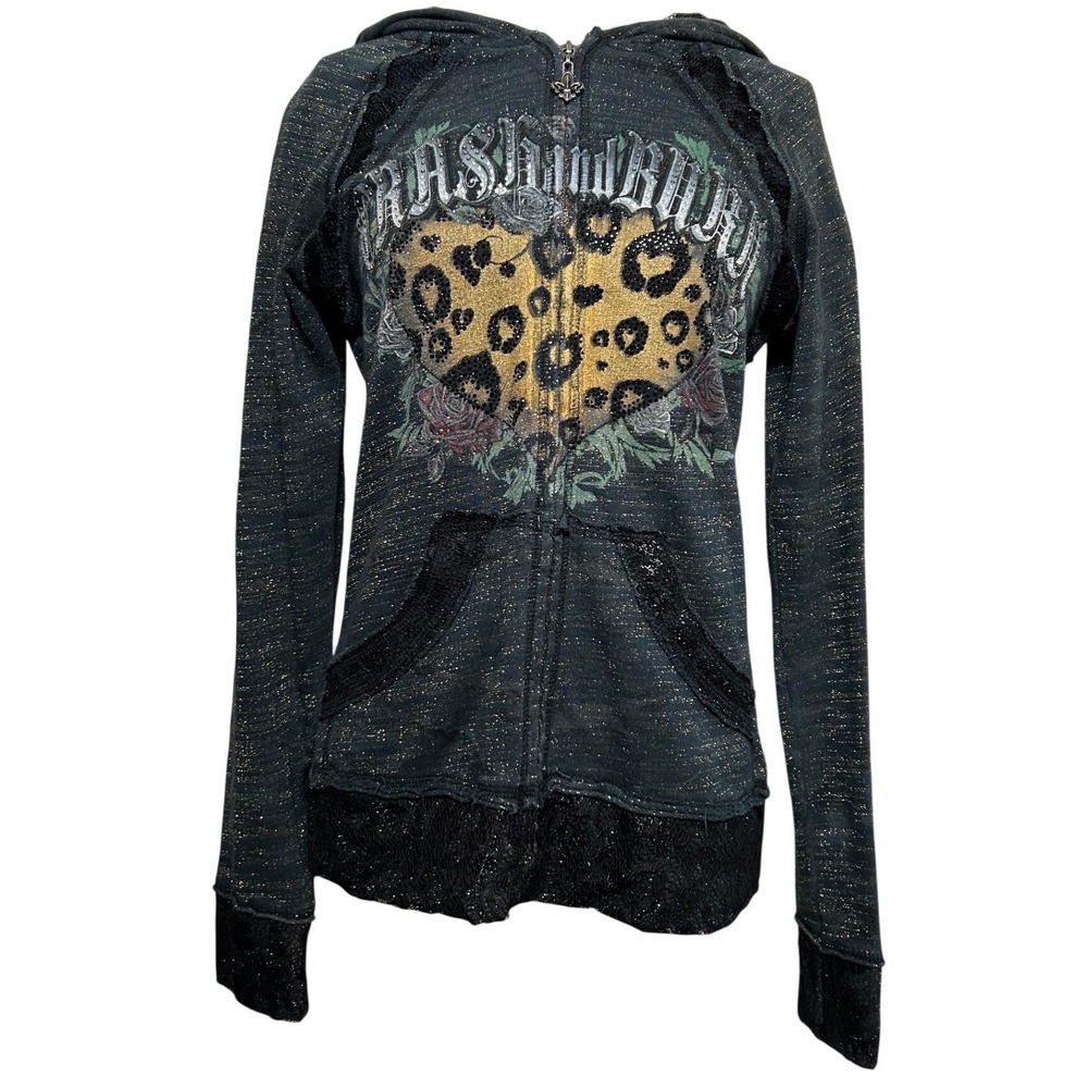 Y2K Crash & Burn Womens Gold Lace Trim Leopard Heart Zip Up Hoodie Small Grey